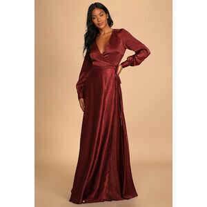 Lulus Have Faith Burgundy Satin Button Sleeve Wrap Maxi Dress Red - Size S
